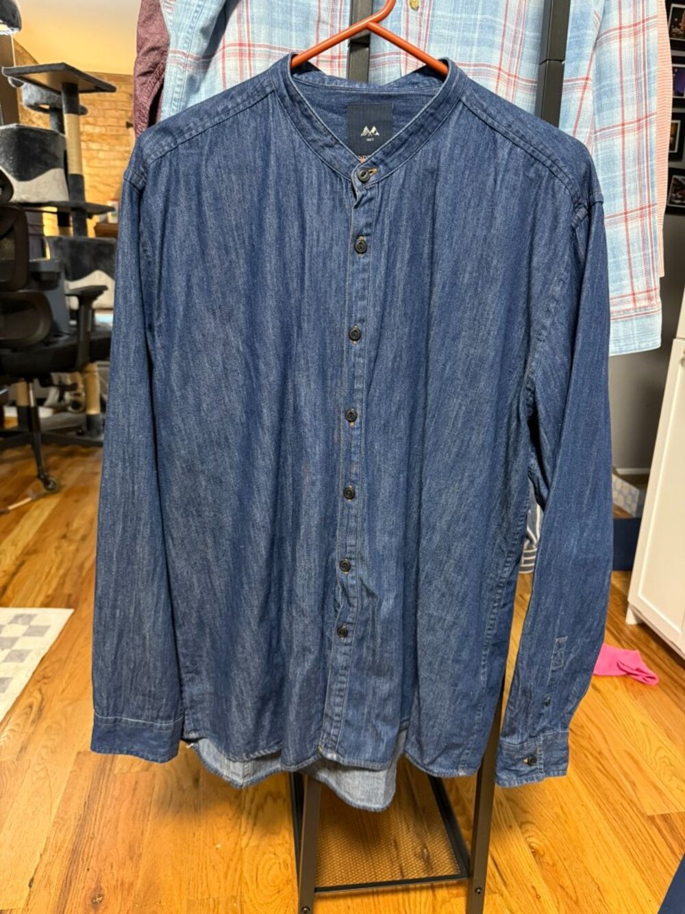 Lindbergh 2XL Denim Chambray Shirt Men’s Band Collar Long Sleeve Button Up Blue